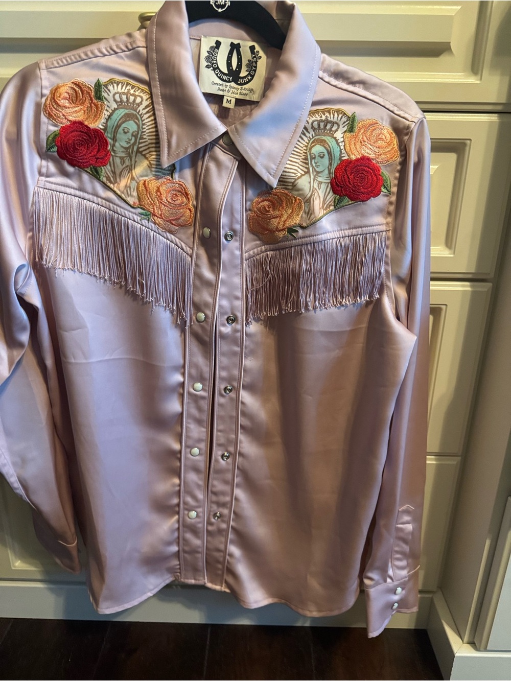 Embroidered Fringe Satin Button-Down Shirt - Pale Pink
